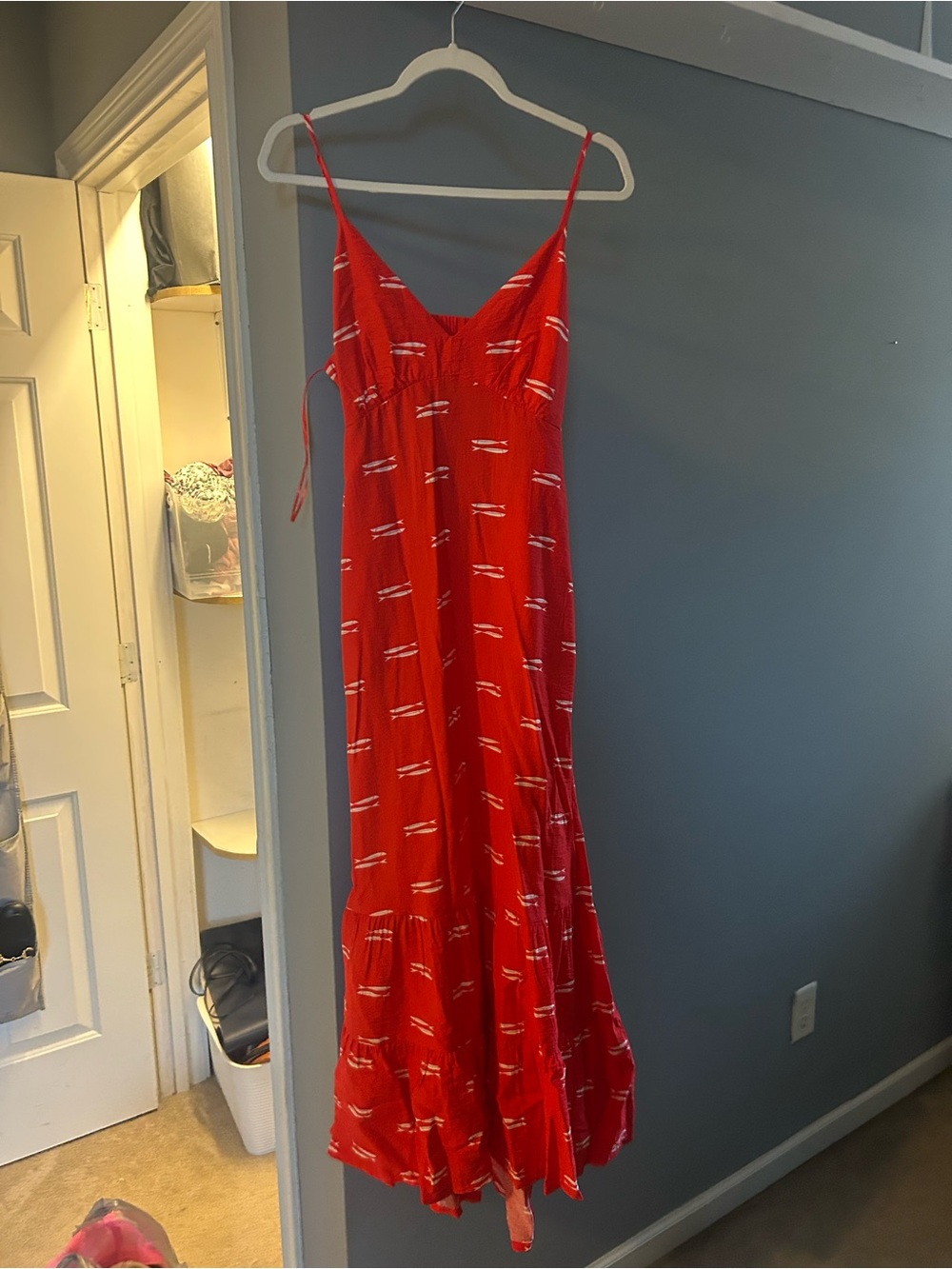 Red Spaghetti-Strap Maxi Dress with White Fish Print